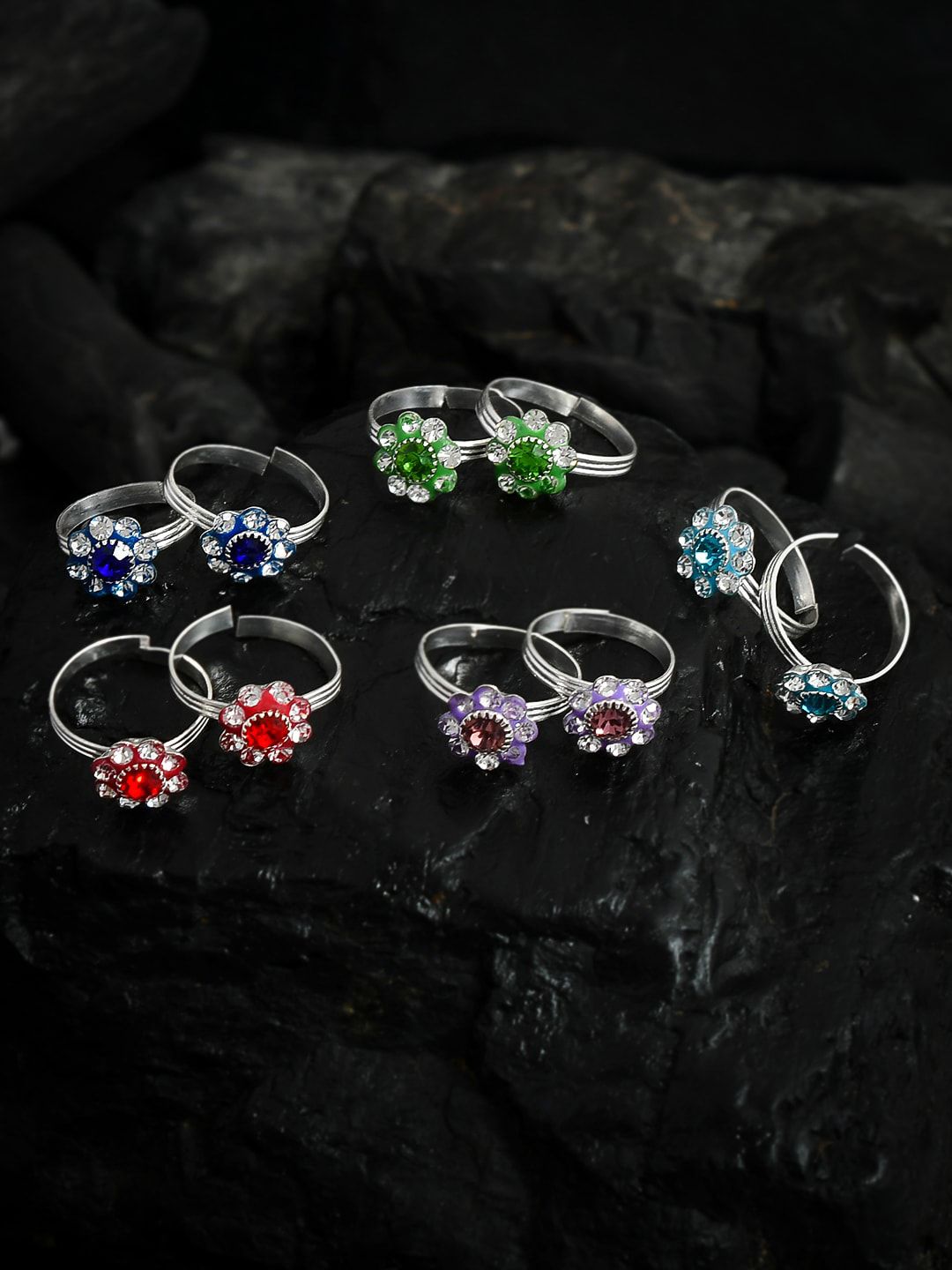 Silvermerc Designs Set Of 5 Silver-Plated Silver-Toned Flower Meenakari Finger Ring Price in India