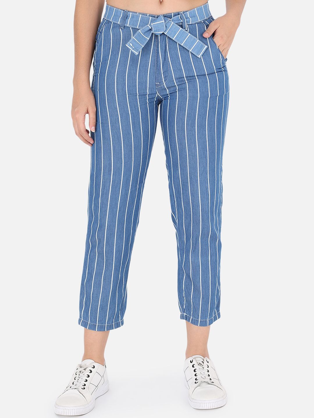 The Dry State Women Blue Striped Straight Fit Regular Trousers