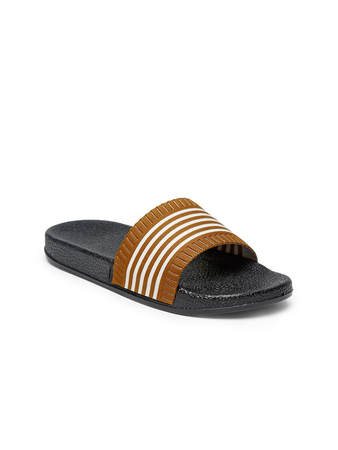 Misto Women Mustard Brown & White Striped Sliders Price in India