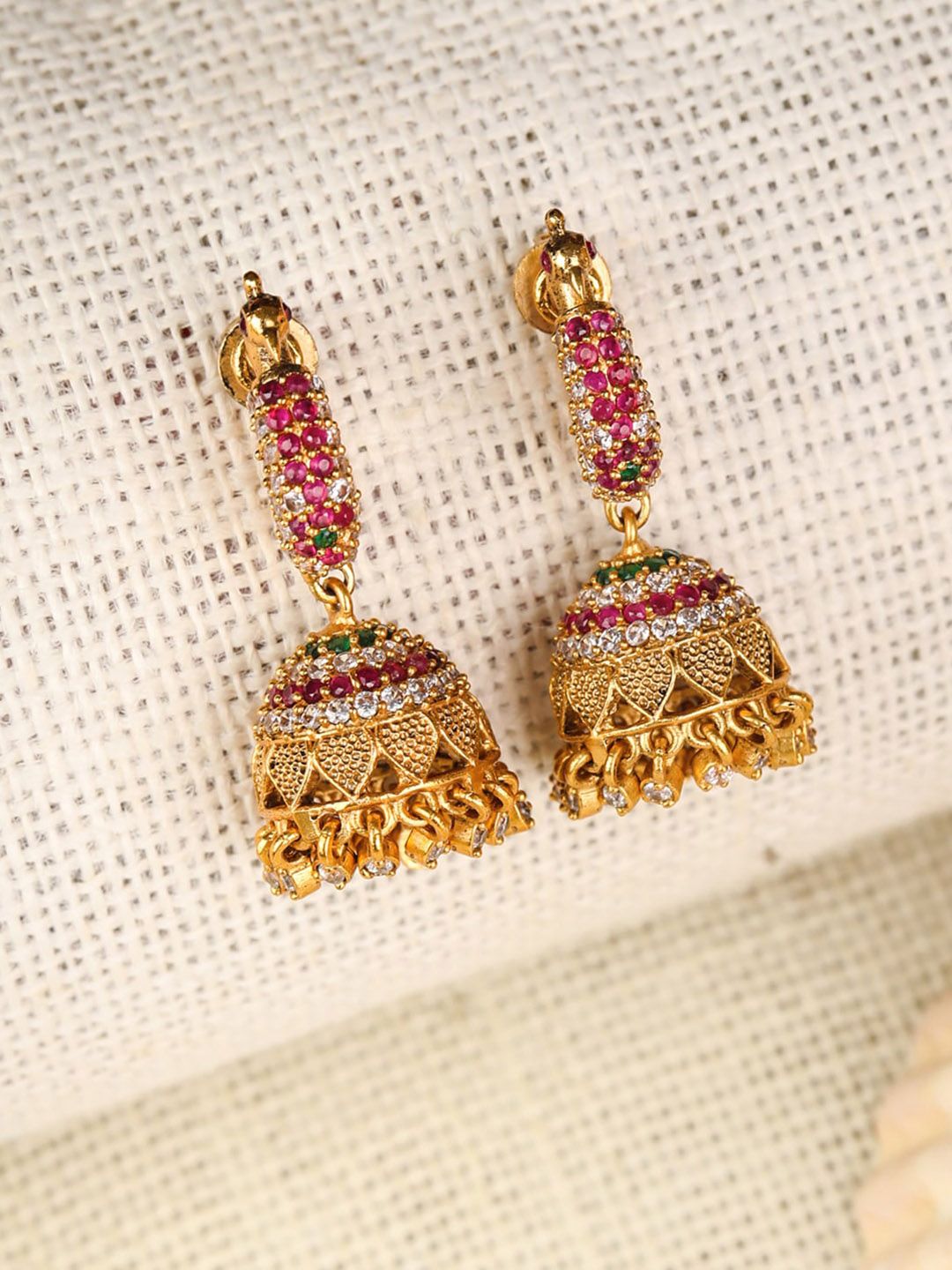 Priyaasi Gold Plated With Pink & Green Color Stones Jhumka Earrings Price in India