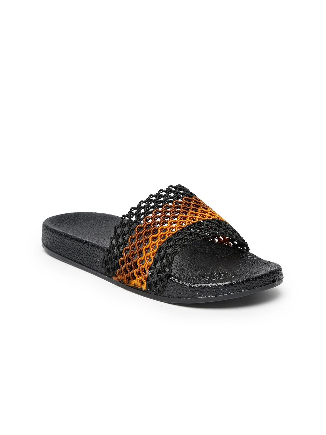 Misto Women Black & Yellow Colourblocked Sliders Price in India