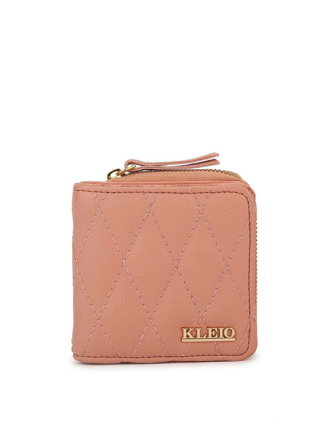 KLEIO Women Peach Solid Quilted Synthetic Leather Zip Around Wallet Price in India