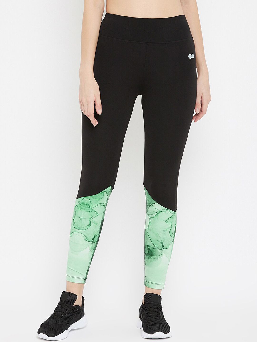 Clovia Women Black & Green Printed Active Ankle-Length Tights Price in India