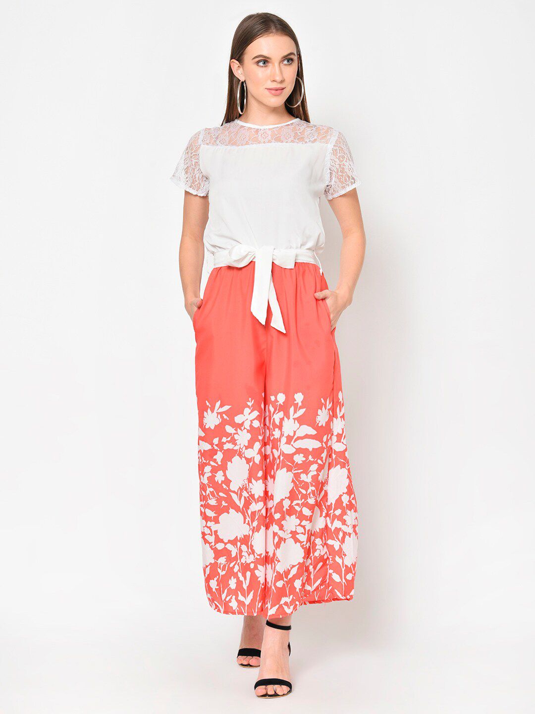 emeros Coral Pink & White Basic Jumpsuit Price in India