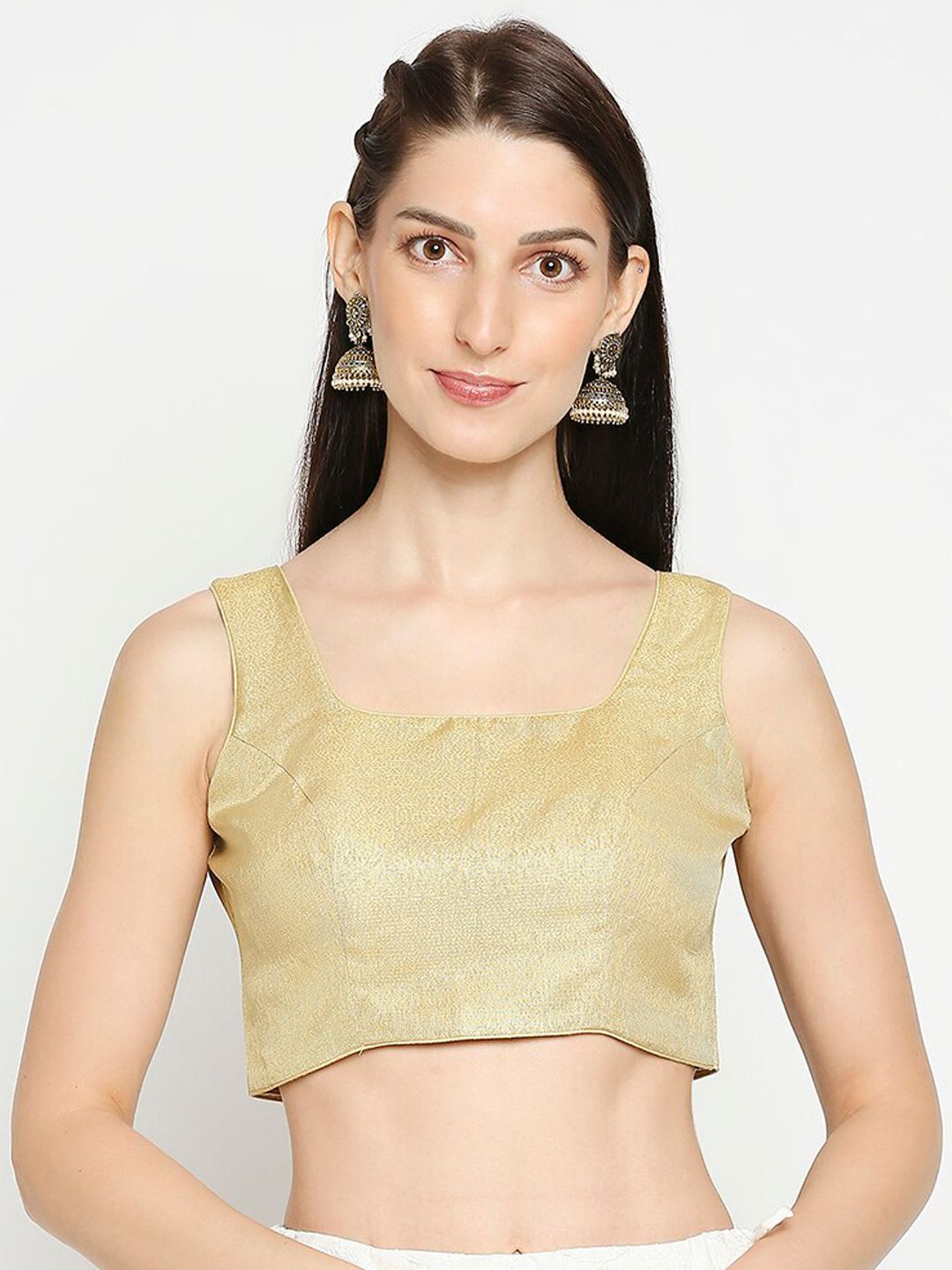 SALWAR STUDIO Women Gold-Coloured solid Readymade Saree Blouse Price in India