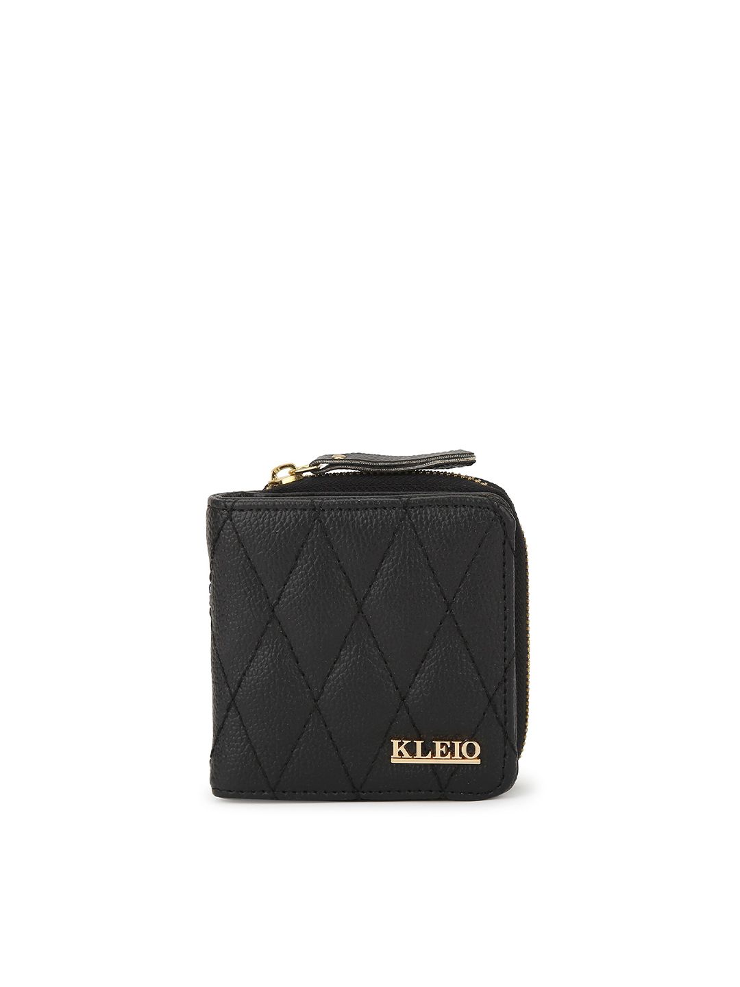 KLEIO Women Black Solid Quilted Synthetic Leather Zip Around Wallet Price in India