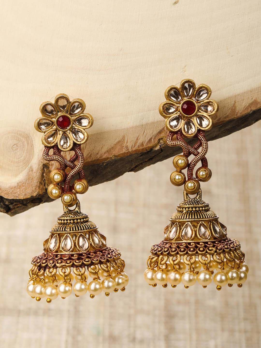 Priyaasi Women Red Kundan Handcraft Gold-Plated Jhumka Earrings Price in India