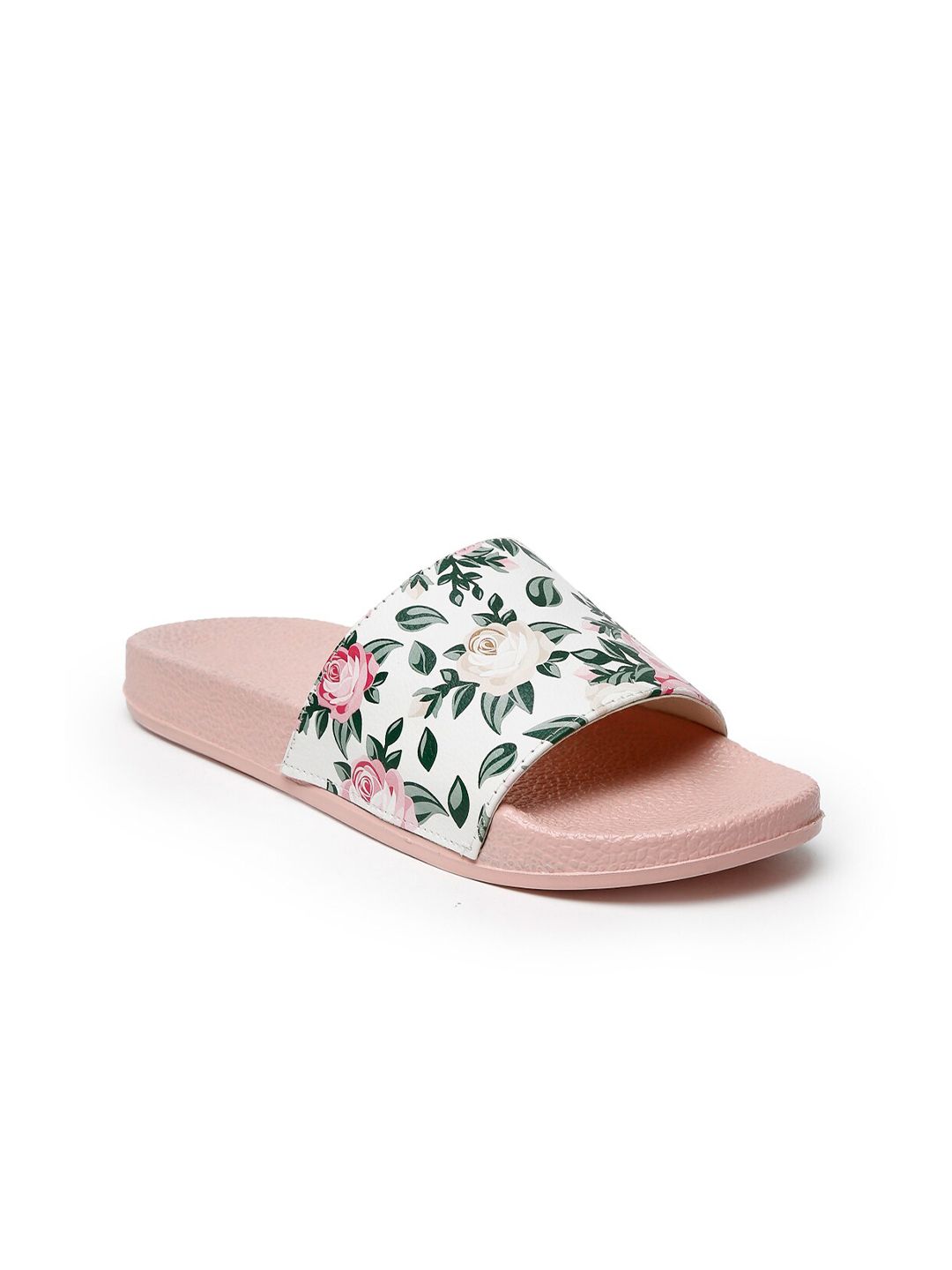 Misto Women White & Pink Printed Sliders Price in India