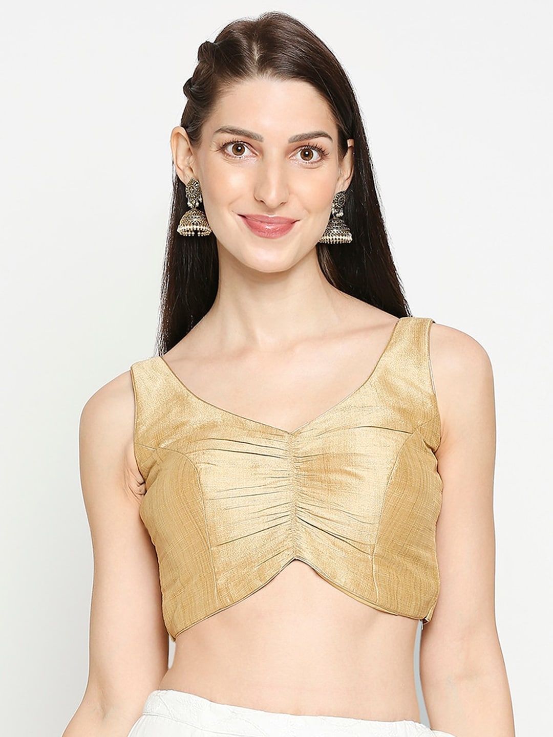 SALWAR STUDIO Women Gold-Coloured Solid Mulbury Silk Readymade Saree Blouse Price in India