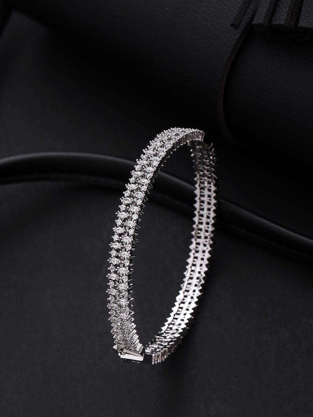 Priyaasi Women Silver & White Brass American Diamond Handcrafted Silver-Plated Bangle-Style Bracelet Price in India