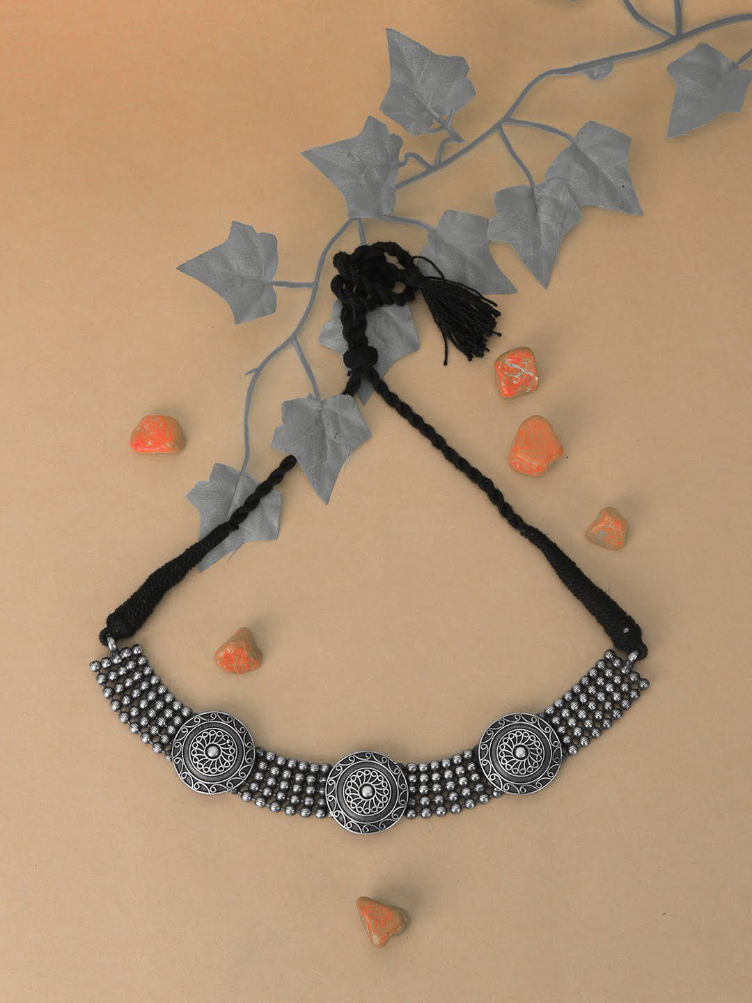 Adwitiya Collection Silver & Black Brass Silver-Plated Oxidised Necklace Price in India