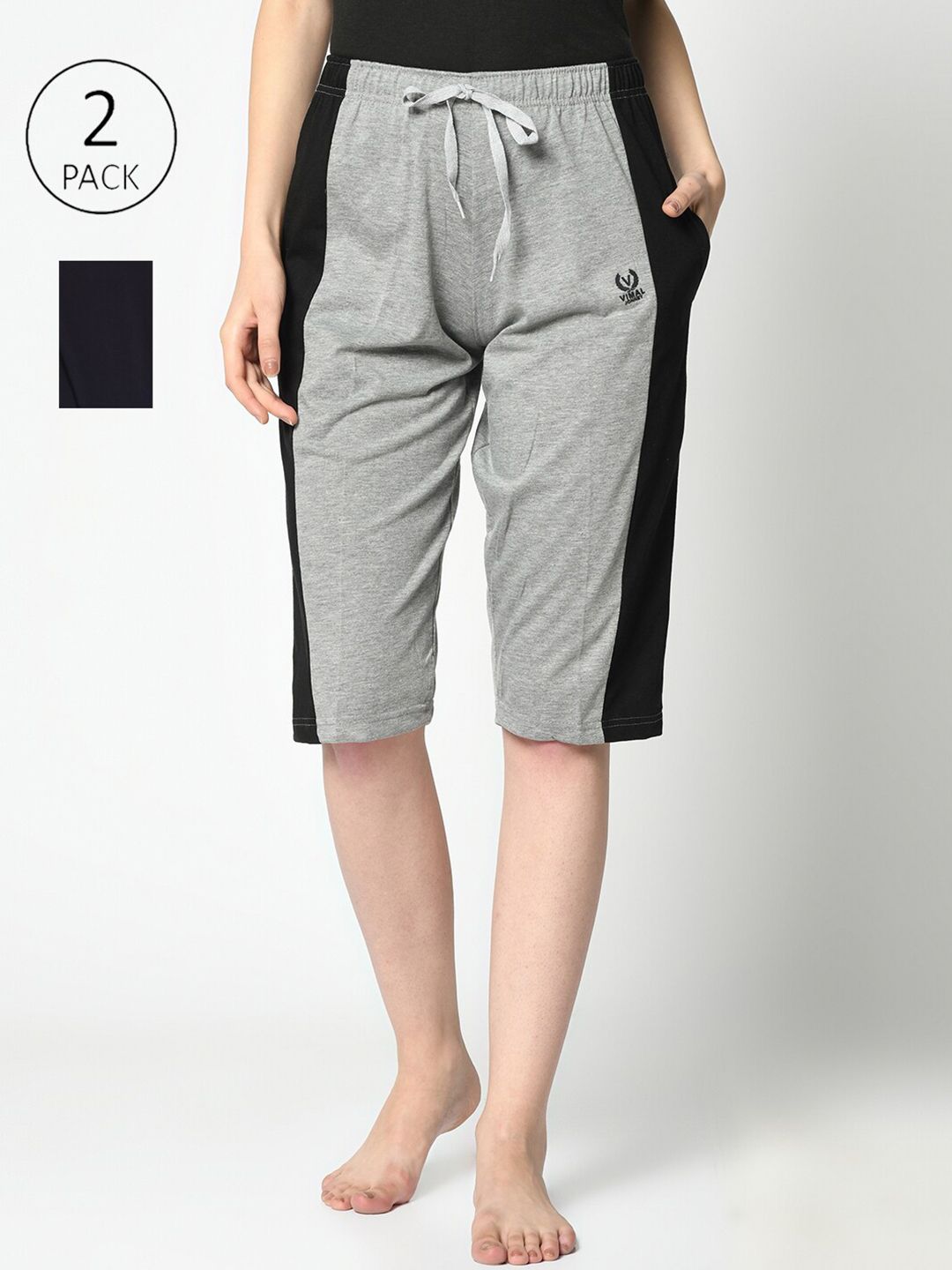 VIMAL JONNEY Women Grey & Black 2 Colourblocked Lounge Shorts Price in India