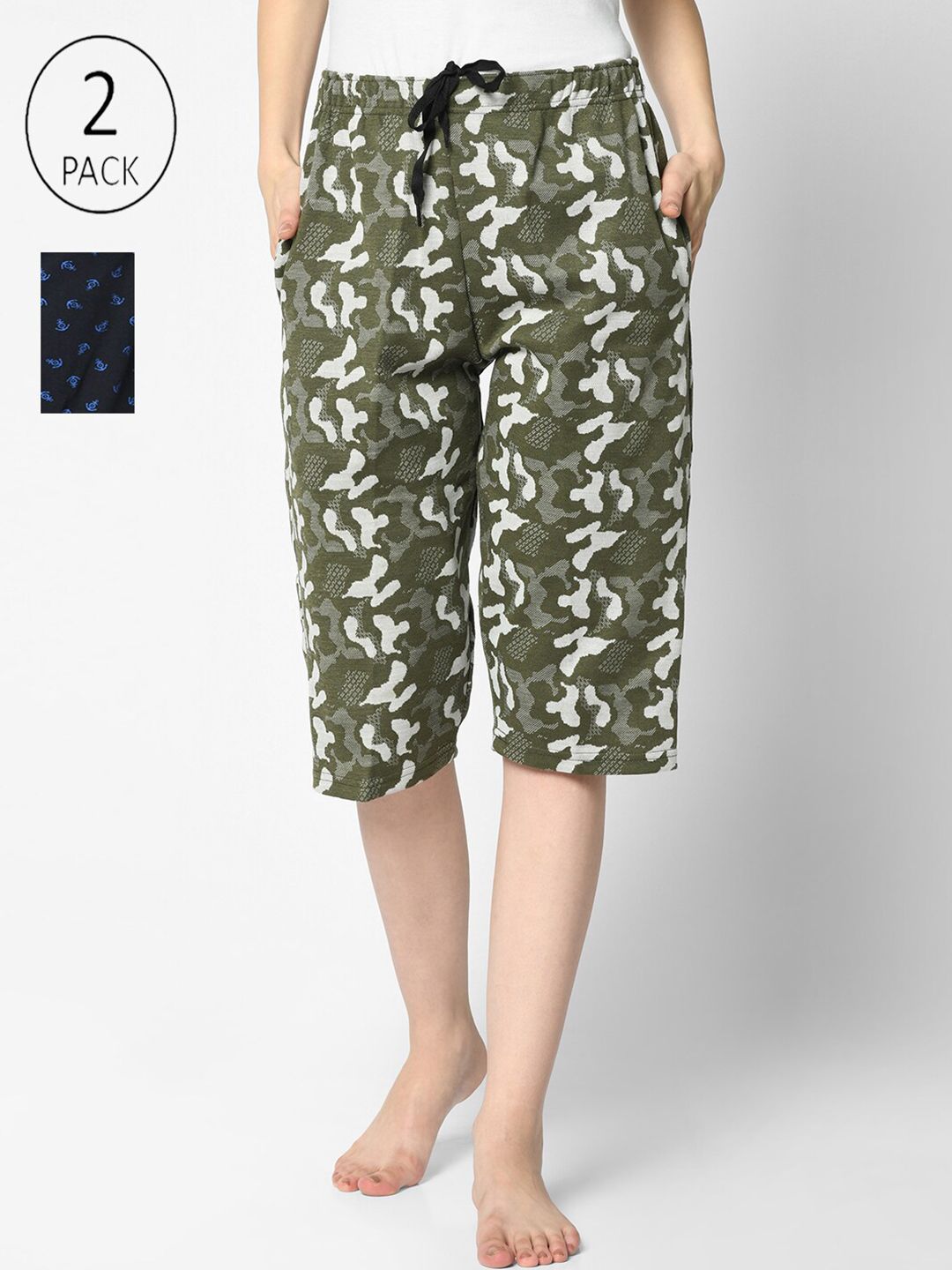 VIMAL JONNEY Women Olive & Navy Blue Set of 2 Printed Lounge Shorts Price in India