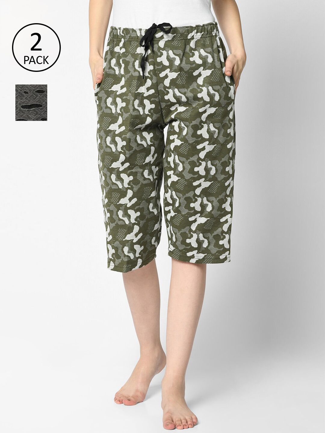 VIMAL JONNEY Women Olive & Black Pack of 2 Printed Lounge Shorts Price in India