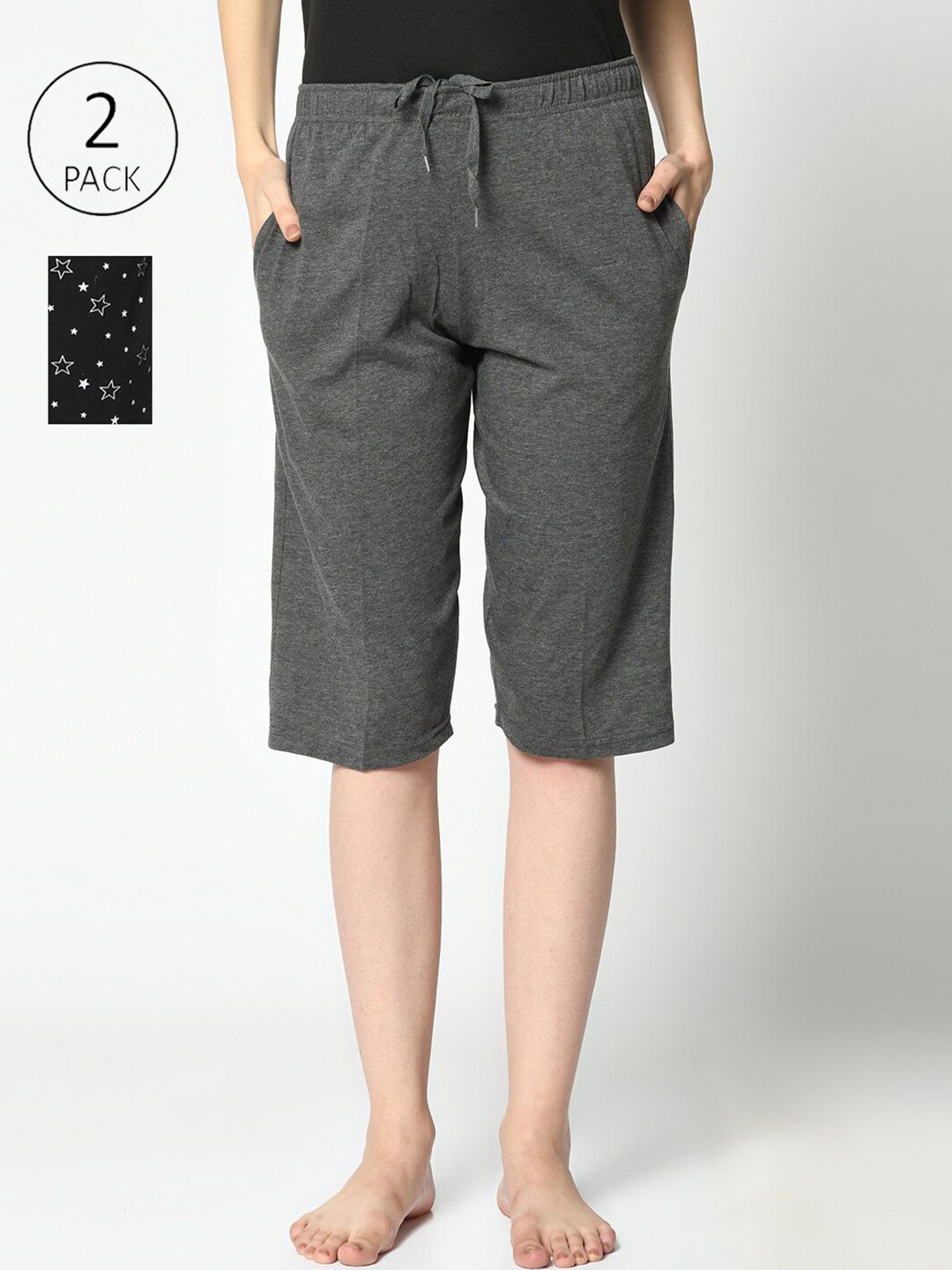 VIMAL JONNEY Women Grey & Black Pack of 2 Lounge Shorts Price in India