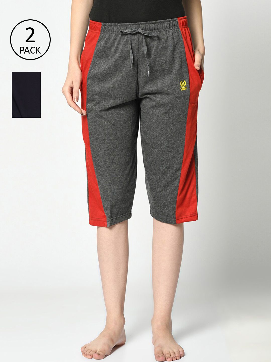 VIMAL JONNEY Women Grey & Red 2 Colourblocked Lounge Shorts Price in India