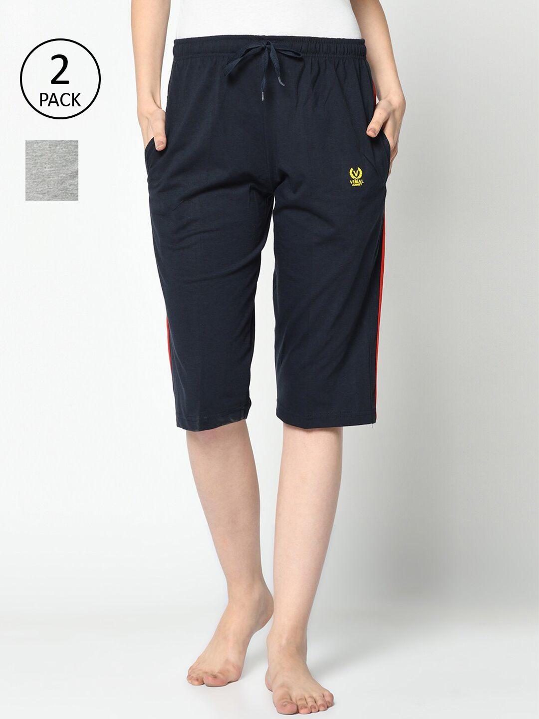 VIMAL JONNEY Women Navy Blue & Grey 2 Lounge Shorts Price in India