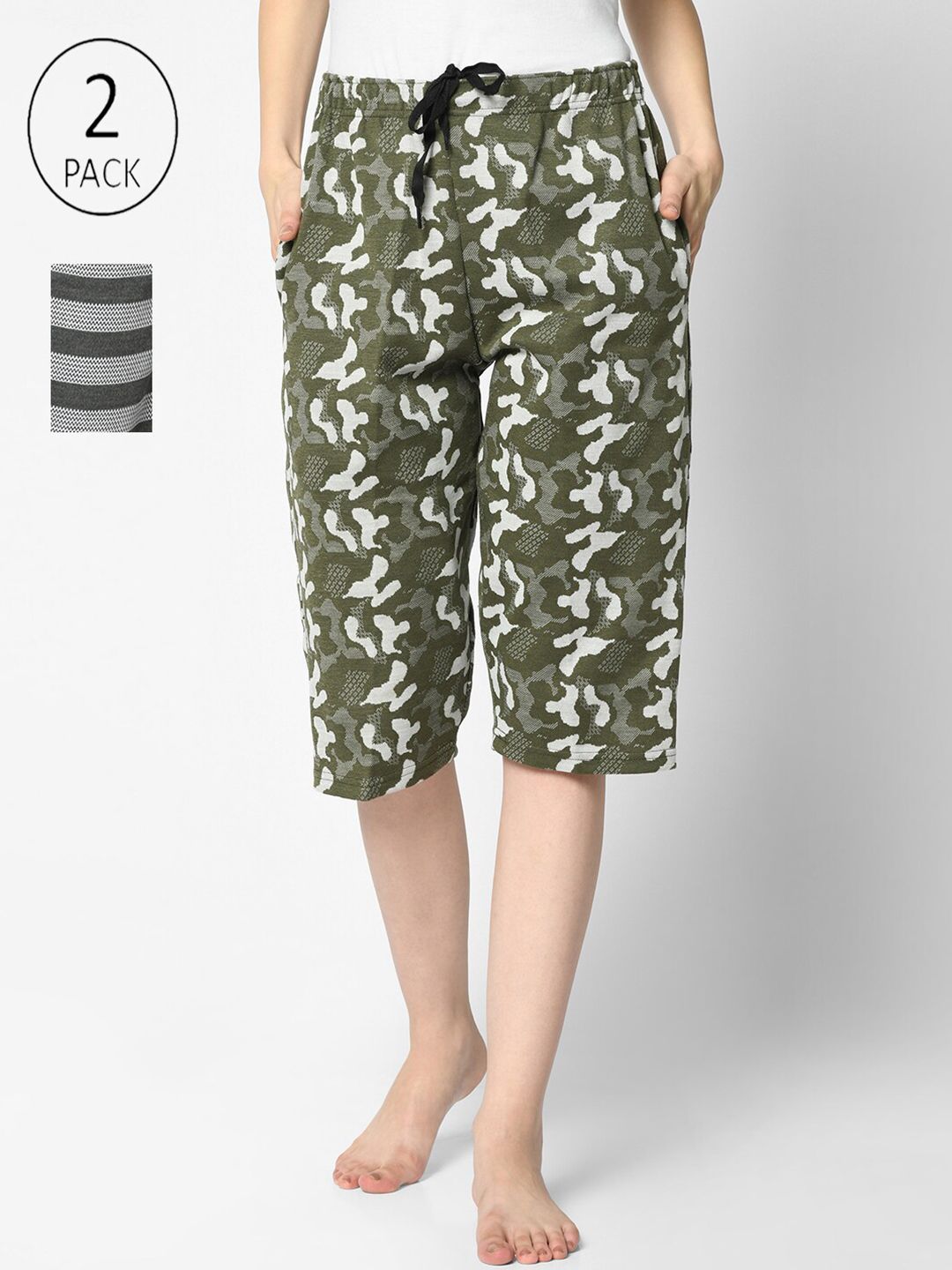 VIMAL JONNEY Women Olive & Grey Pack of 2 Striped Lounge Shorts Price in India