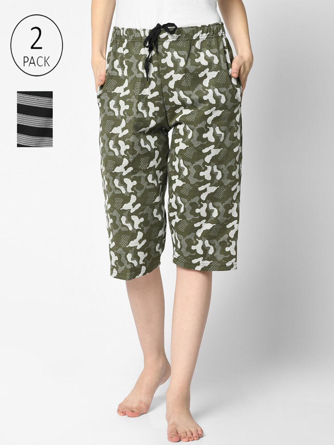 VIMAL JONNEY Women Olive & Black Pack of 2 Printed Lounge Shorts Price in India