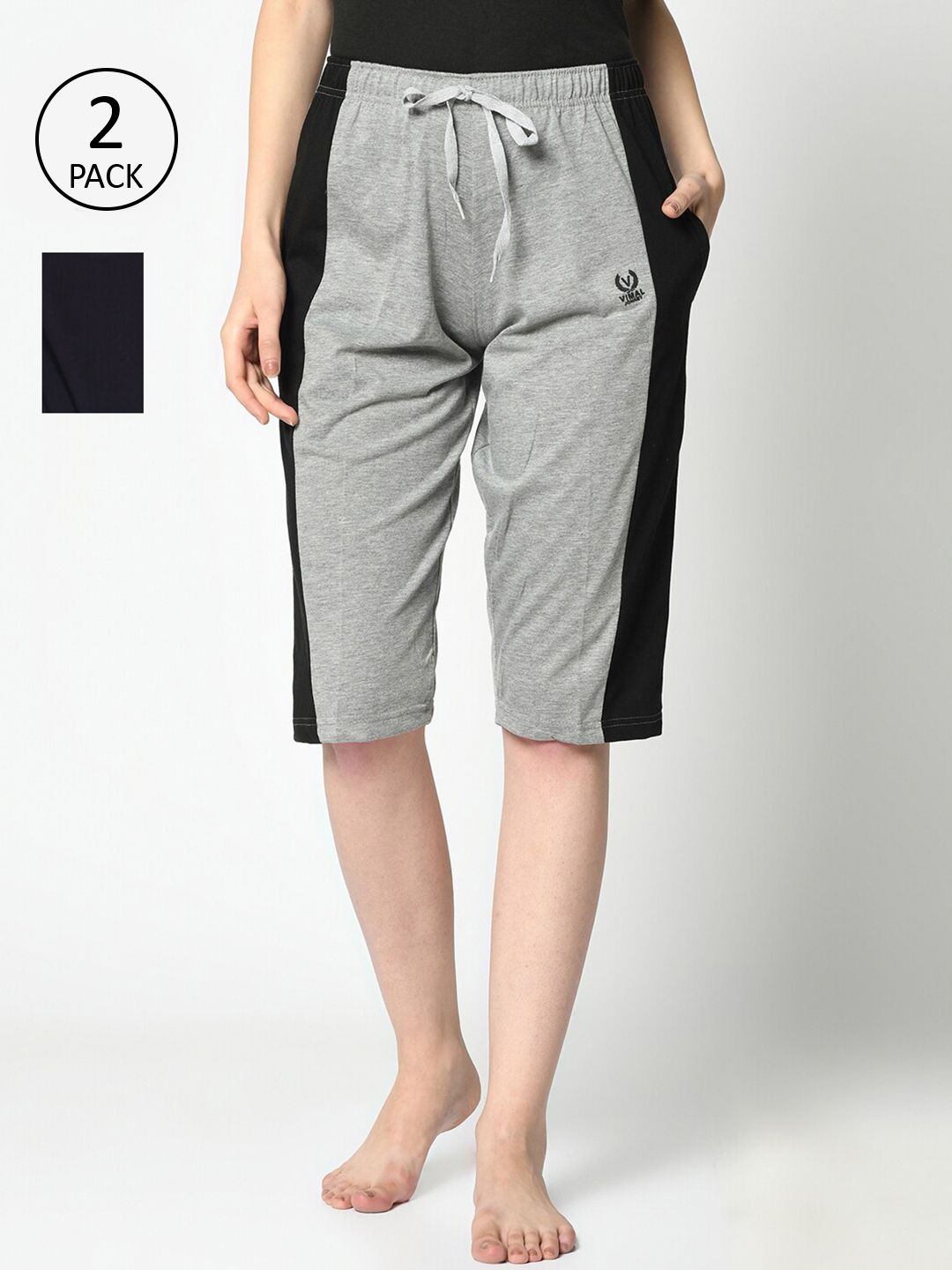 VIMAL JONNEY Women Pack Of 2 Grey & Black Colourblocked Lounge Shorts Price in India