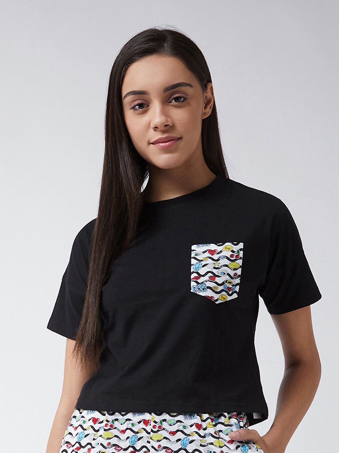 Miss Chase Women Black Solid Pure Cotton Lounge T-shirts Price in India