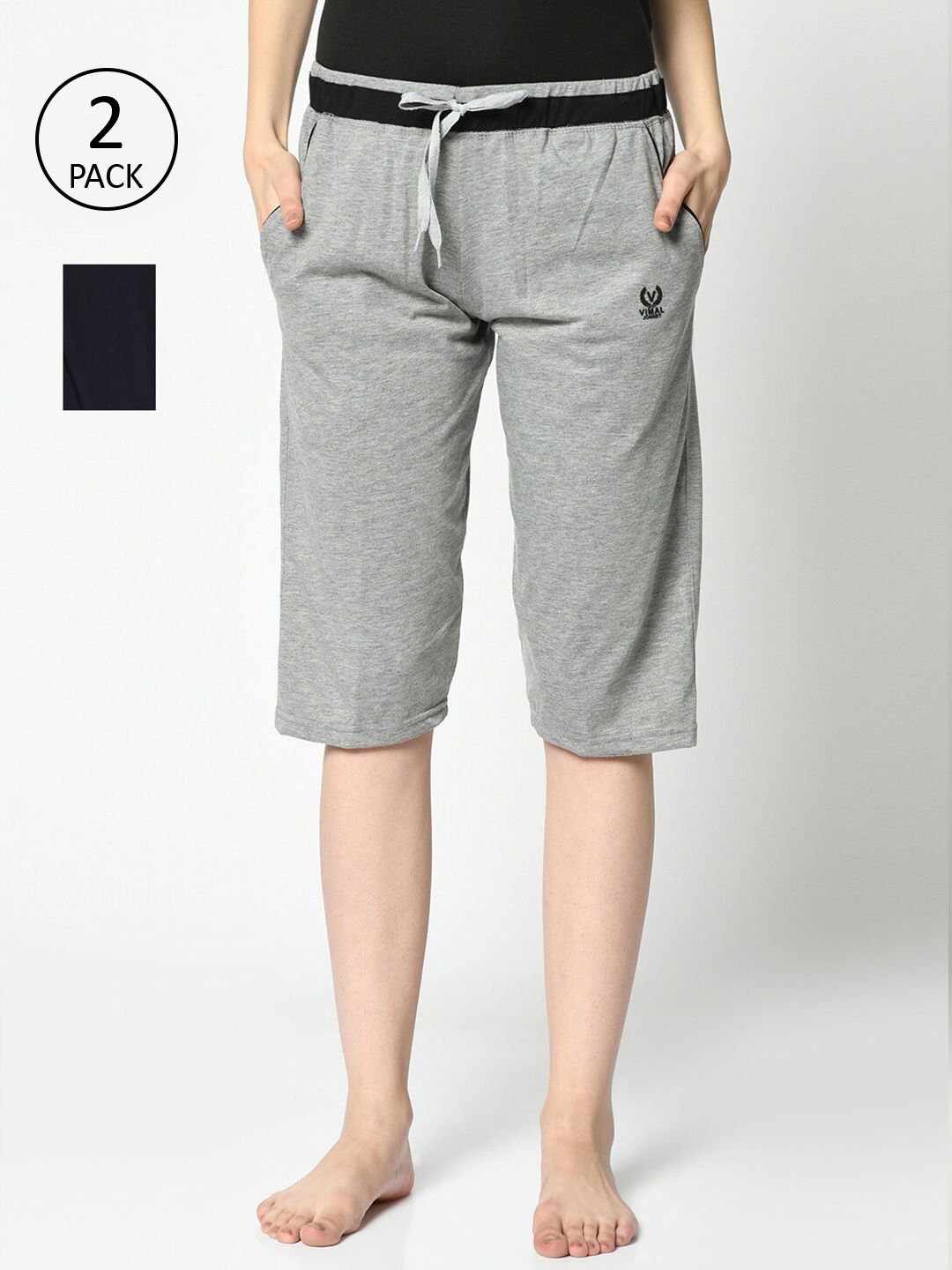 VIMAL JONNEY Women Grey & Black 2 Lounge Shorts Price in India