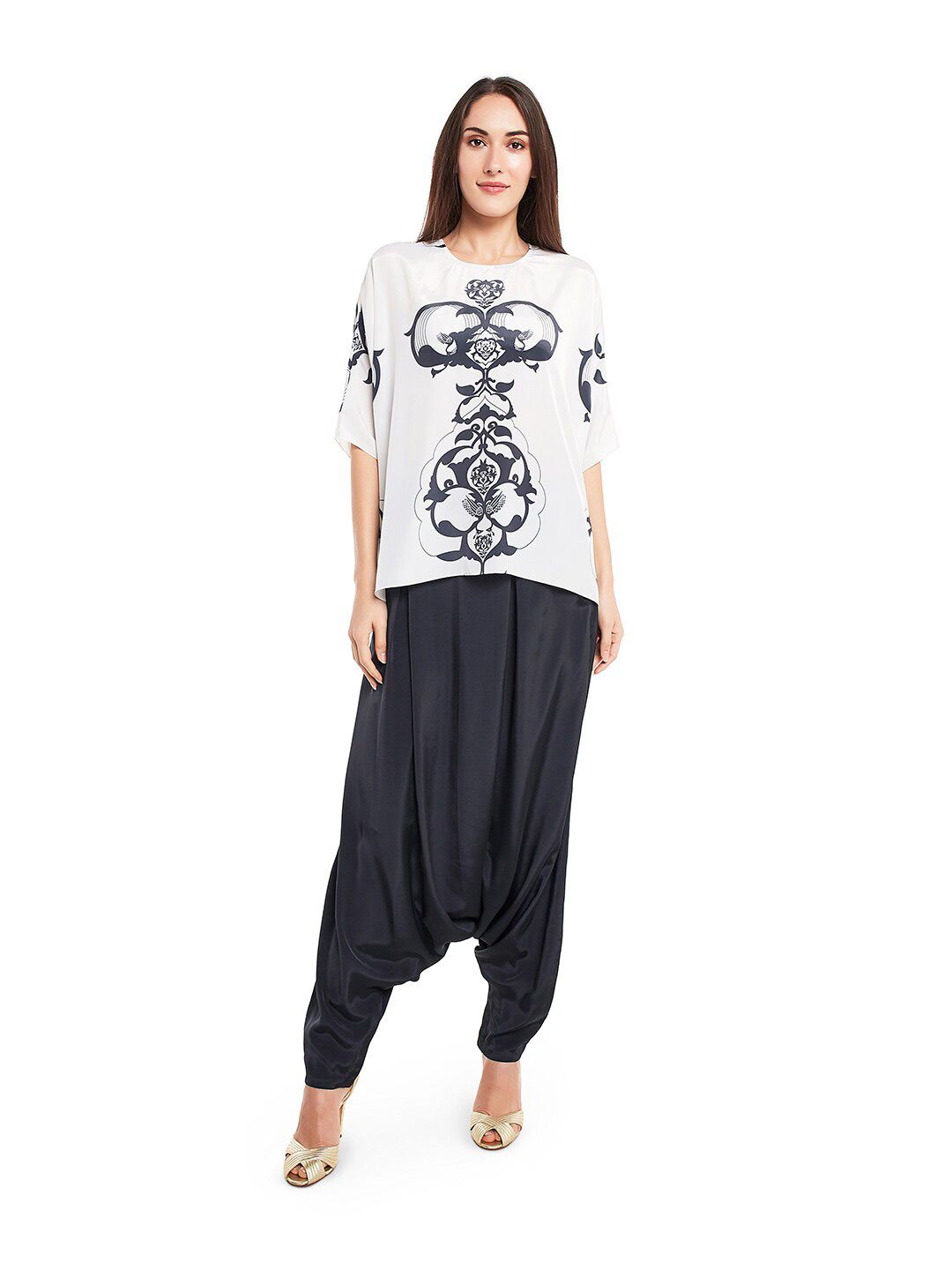 PS PRET BY PAYAL SINGHAL Women White & Black Printed Top with Jogger Pants Price in India