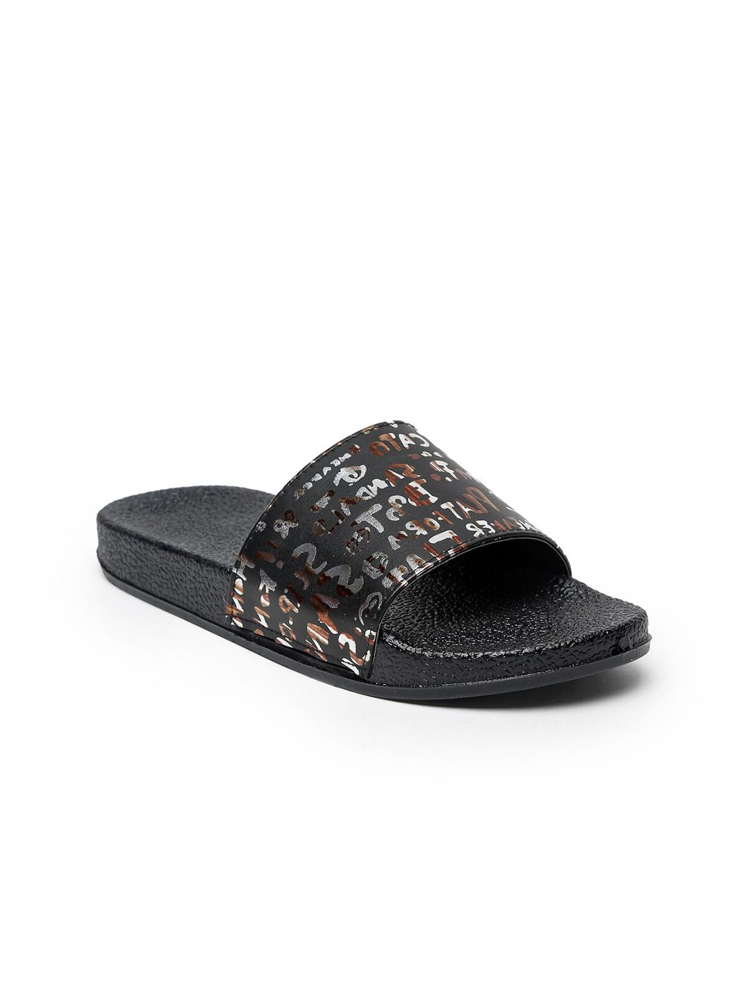 Misto Women Black & Silver Printed Sliders Price in India