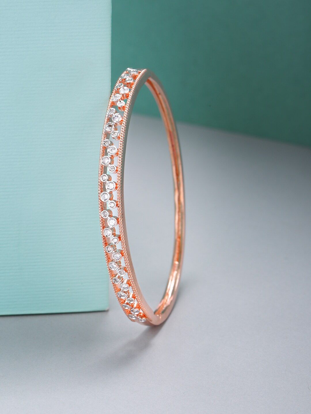 Priyaasi Women Rose Gold & White Brass American Diamond Handcrafted Rose Gold-Plated Bangle-Style Bracelet Price in India