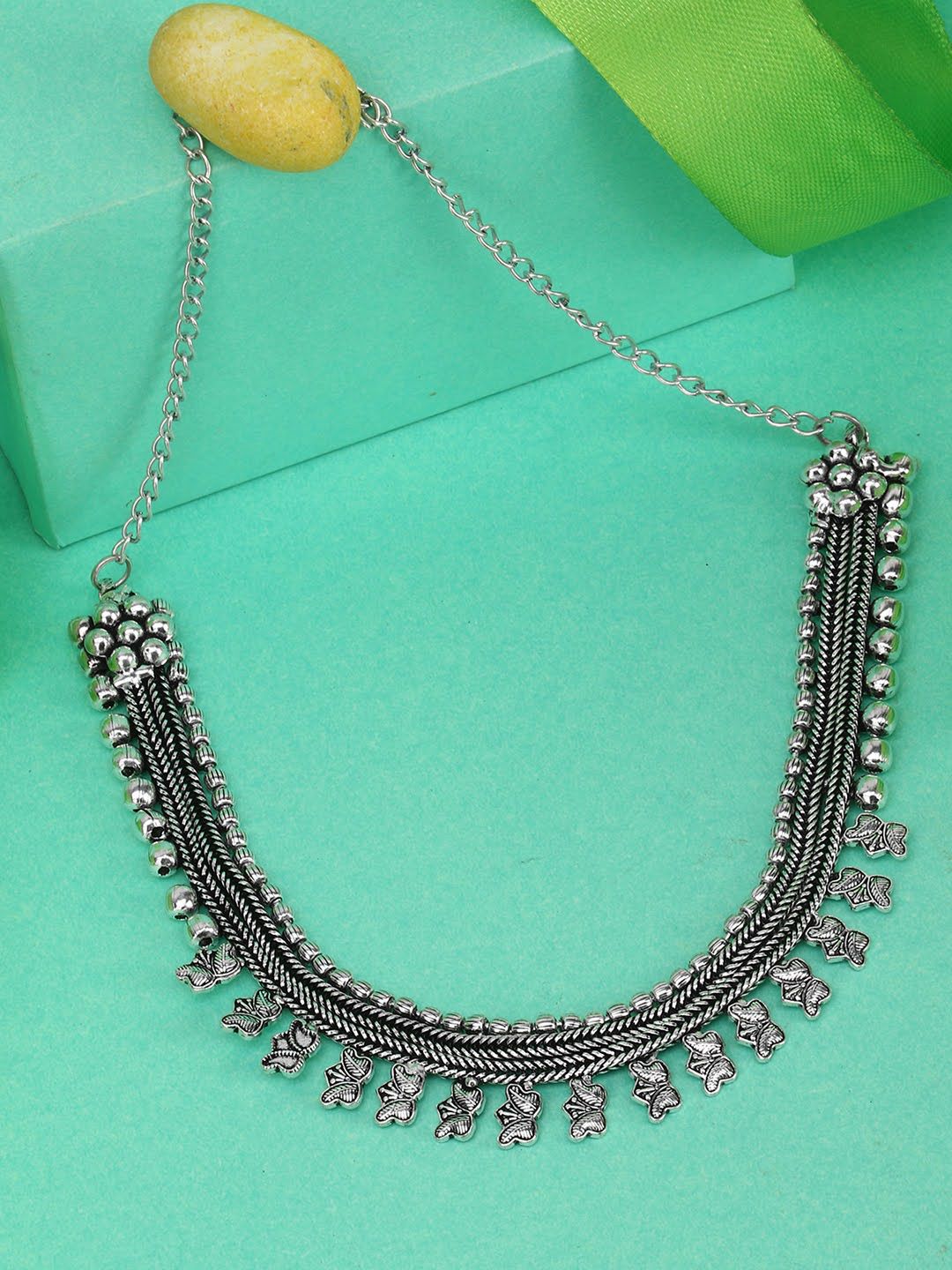 Adwitiya Collection Silver Brass Silver-Plated Oxidised Necklace Price in India