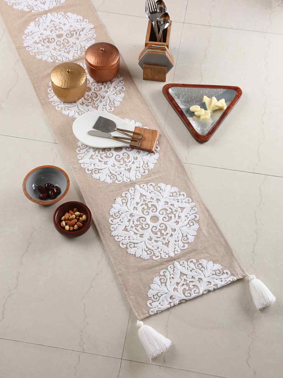 Amoliconcepts Beige & White Embroidered Pure Cotton Table Runner Price in India