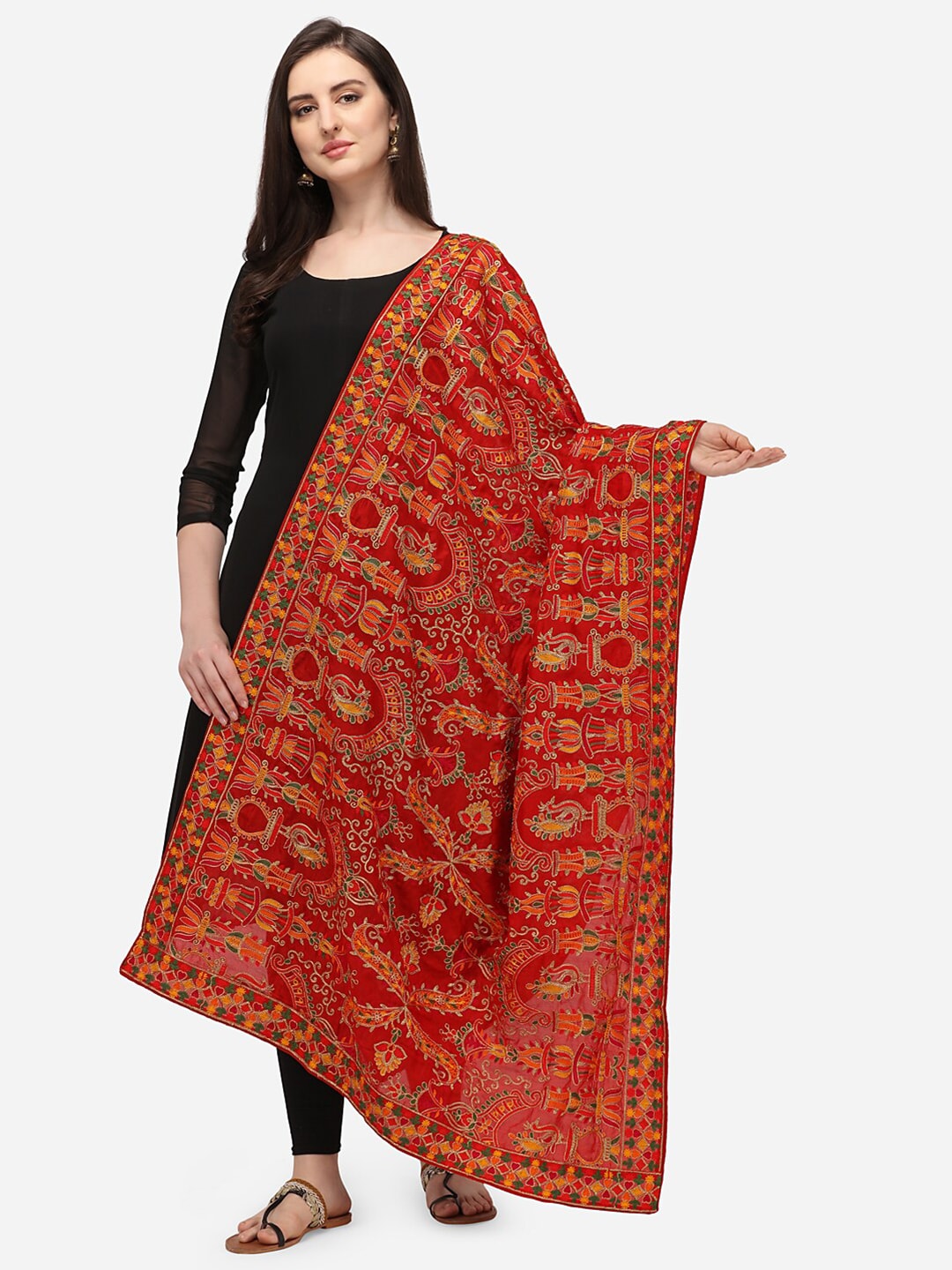VASTRANAND Red & Green Ethnic Motifs Embroidered Dupatta with Thread Work Price in India