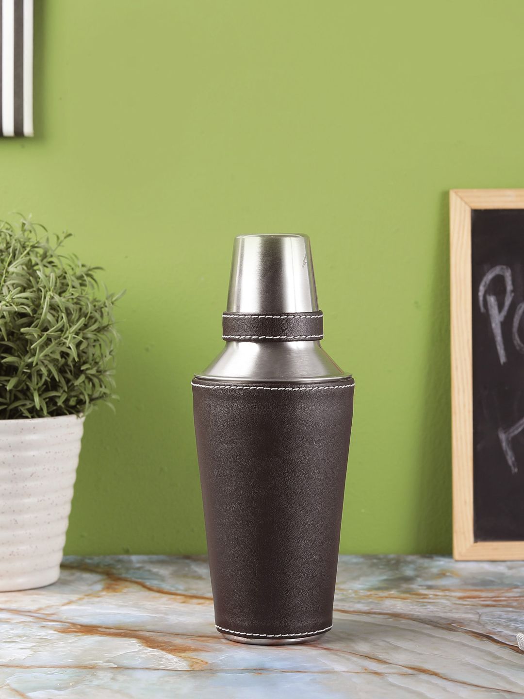 The Decor Mart Silver-Toned & Brown Solid Faux Leather Cocktail Shaker Price in India