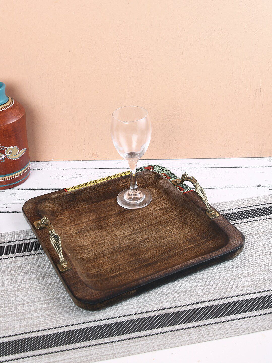 Aapno Rajasthan Brown Quadrilateral Tray With Designer Handles Price in India