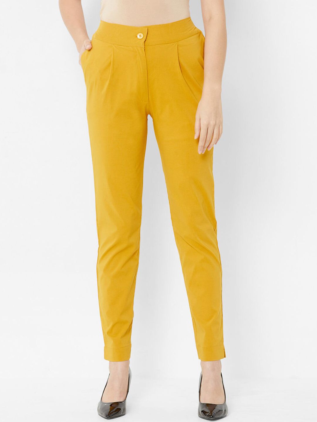 ZOLA Women Yellow Straight Fit Cotton Trousers Price in India