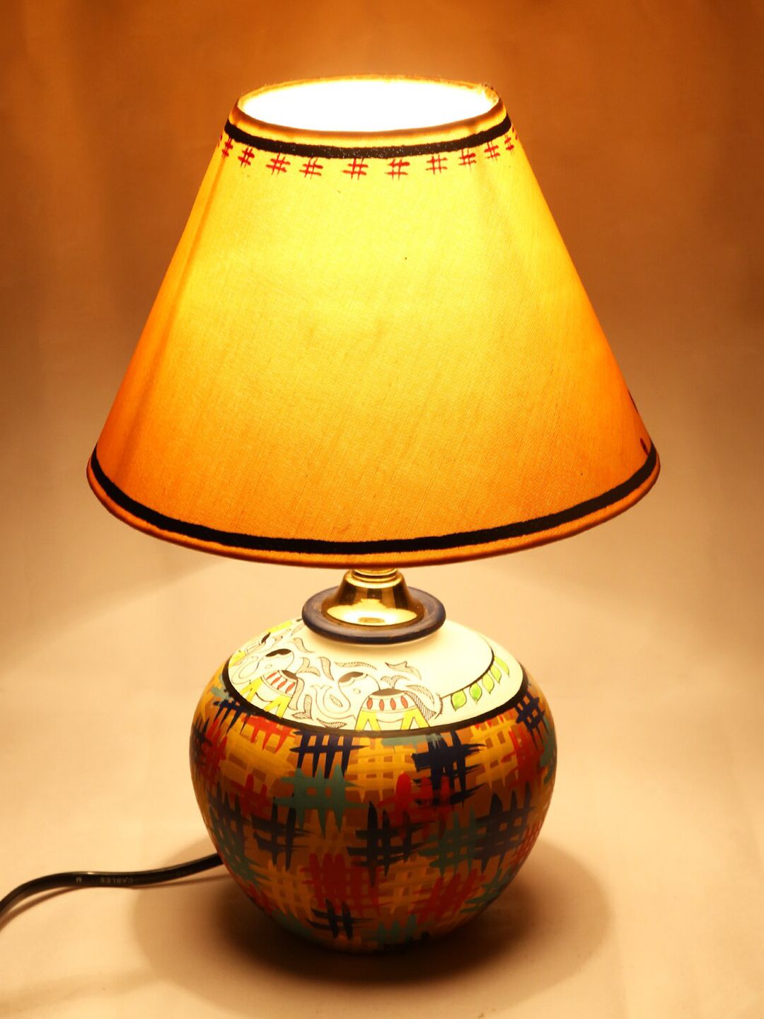 Aapno Rajasthan Yellow & Green Contemporary Bedside Standard Table Lamp Price in India