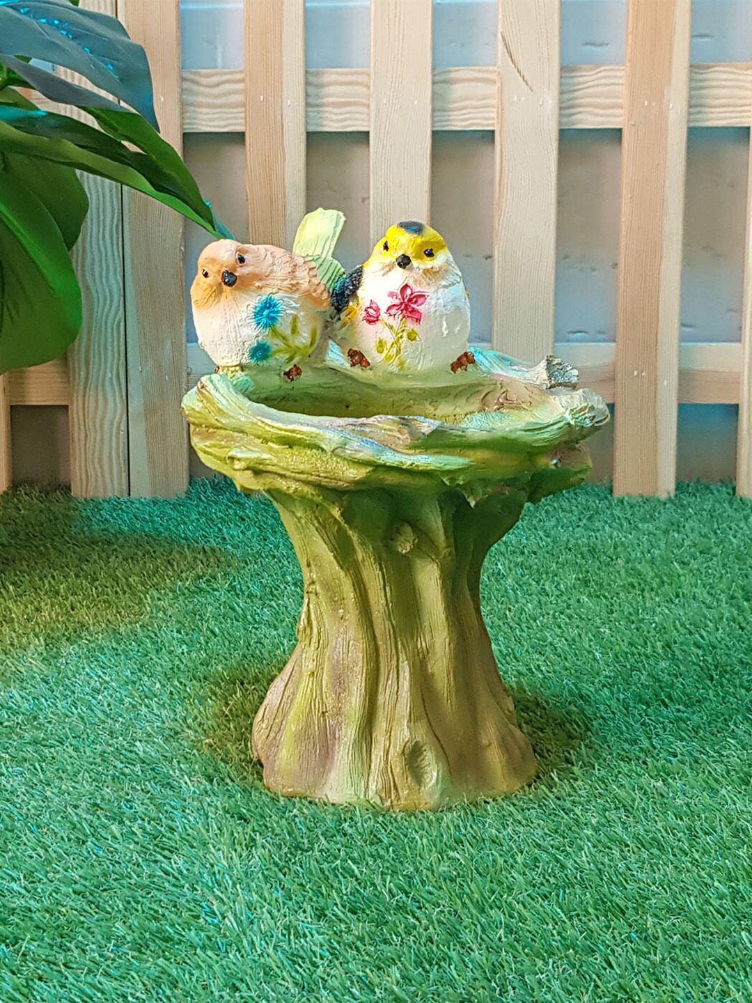 Wonderland Green & Yellow Poly Resin Bird Feeder With Two Birds & Stand Price in India