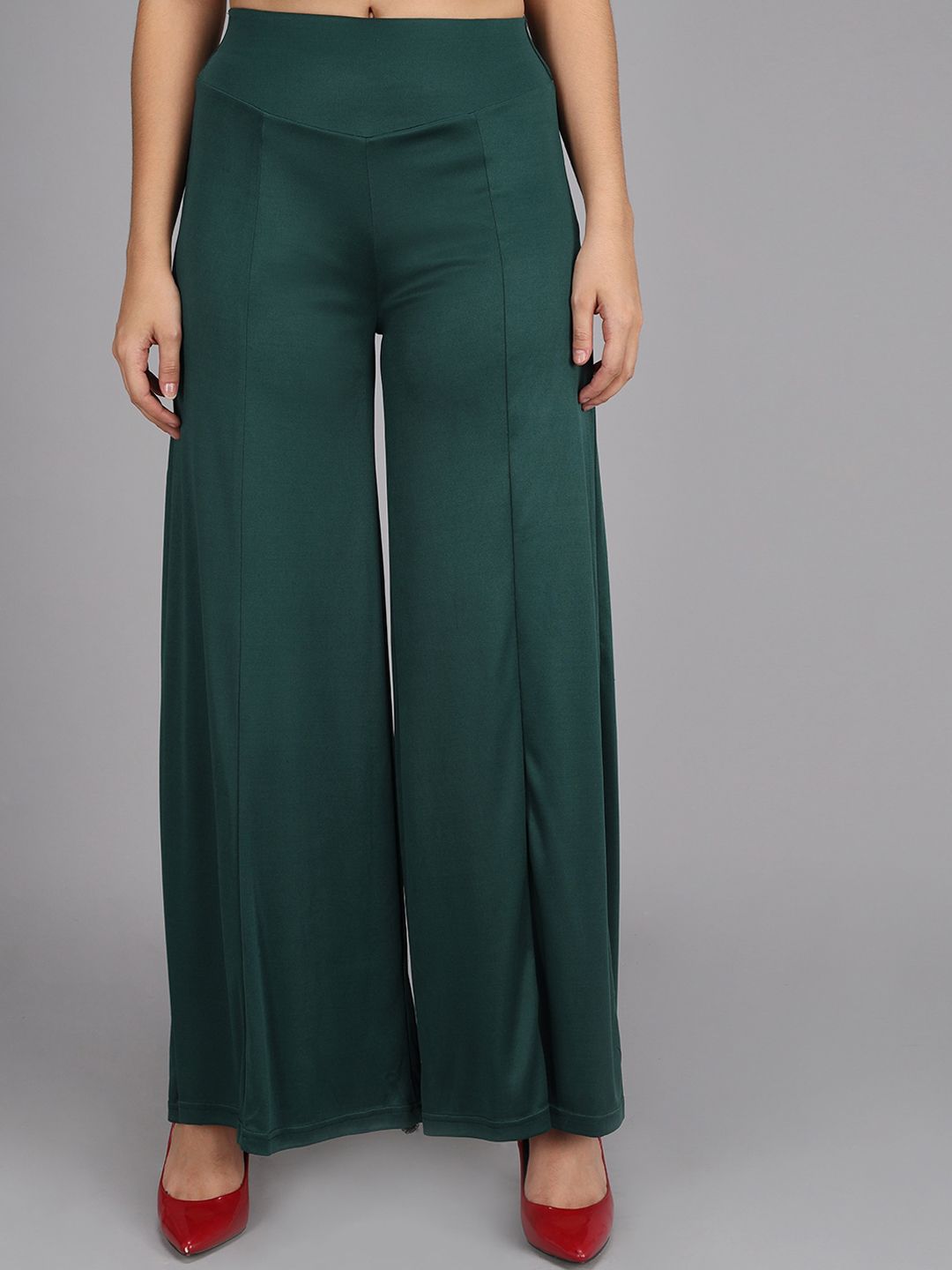 Kotty Women Olive Green Flared High-Rise Parallel Trousers Price in India