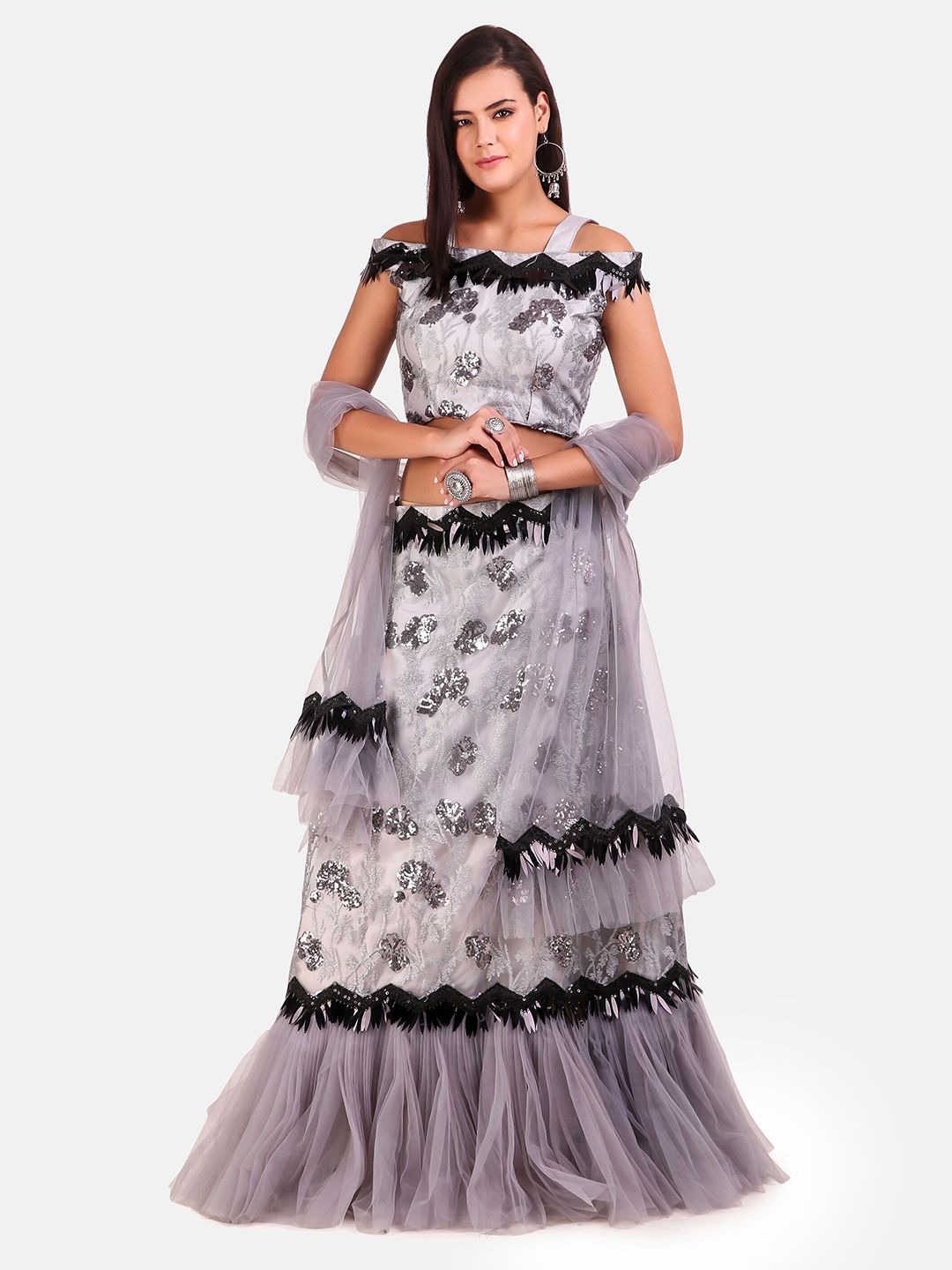 Grancy Grey & Black Embroidered Sequinned Ready to Wear Lehenga & Blouse With Dupatta