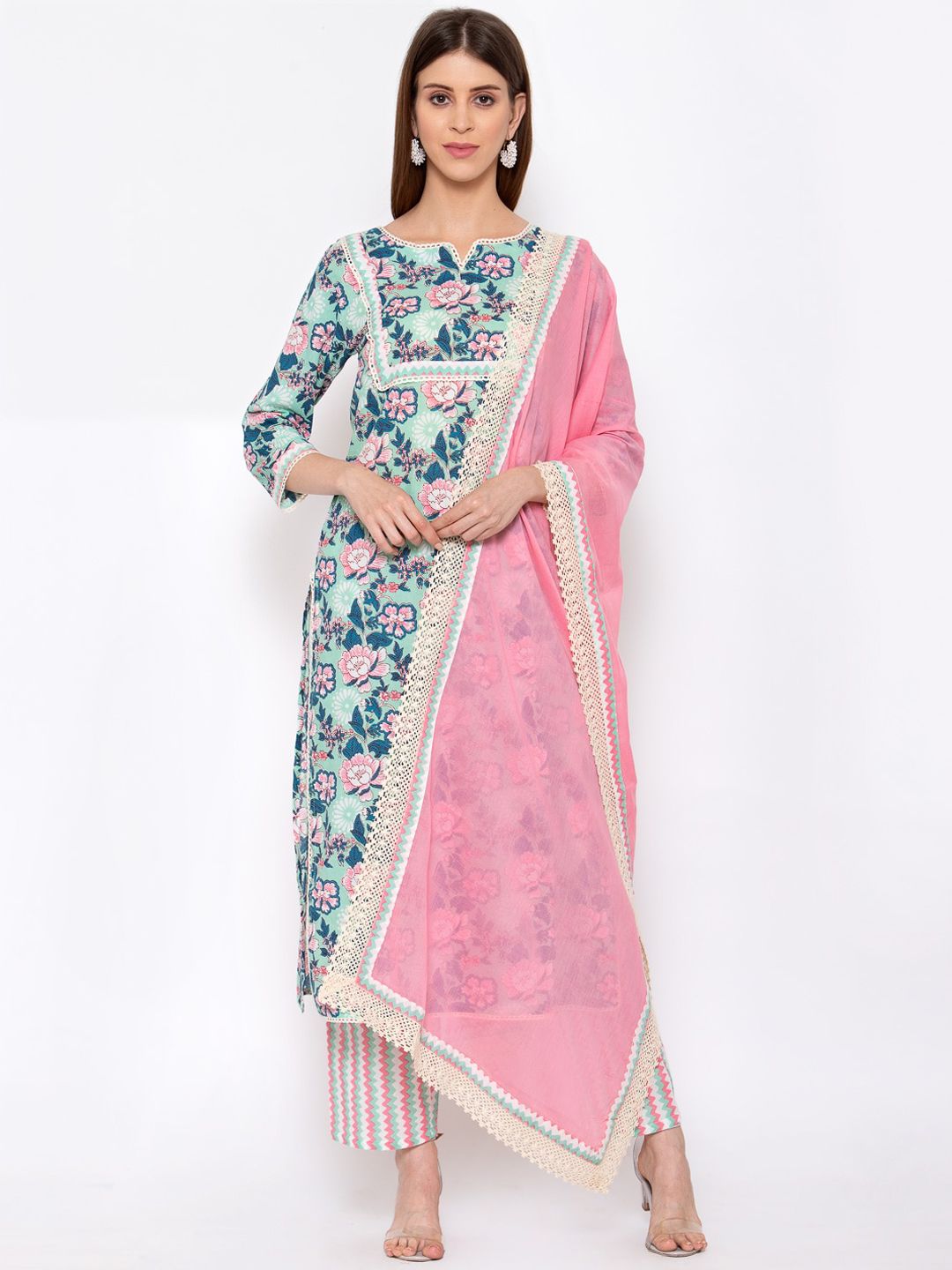 Yuris Women Green Floral Printed Pure Cotton Kurta with Trousers & With Dupatta Price in India