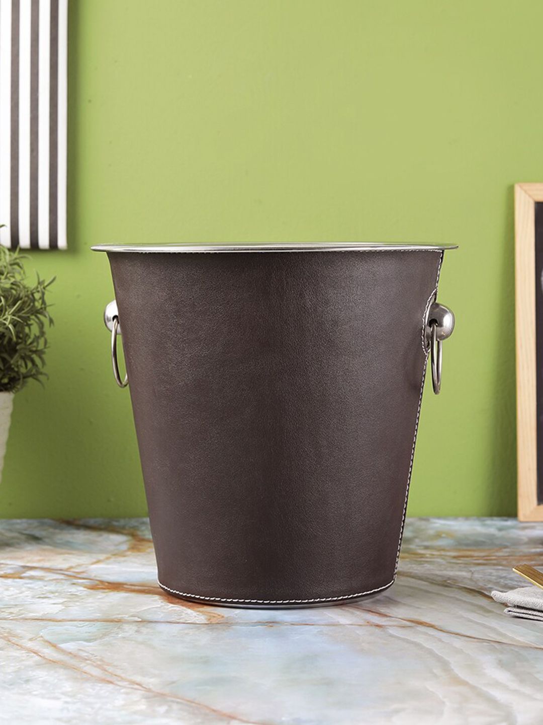 The Decor Mart Brown & Silver-Toned Solid Faux Leather Ice Bucket Price in India