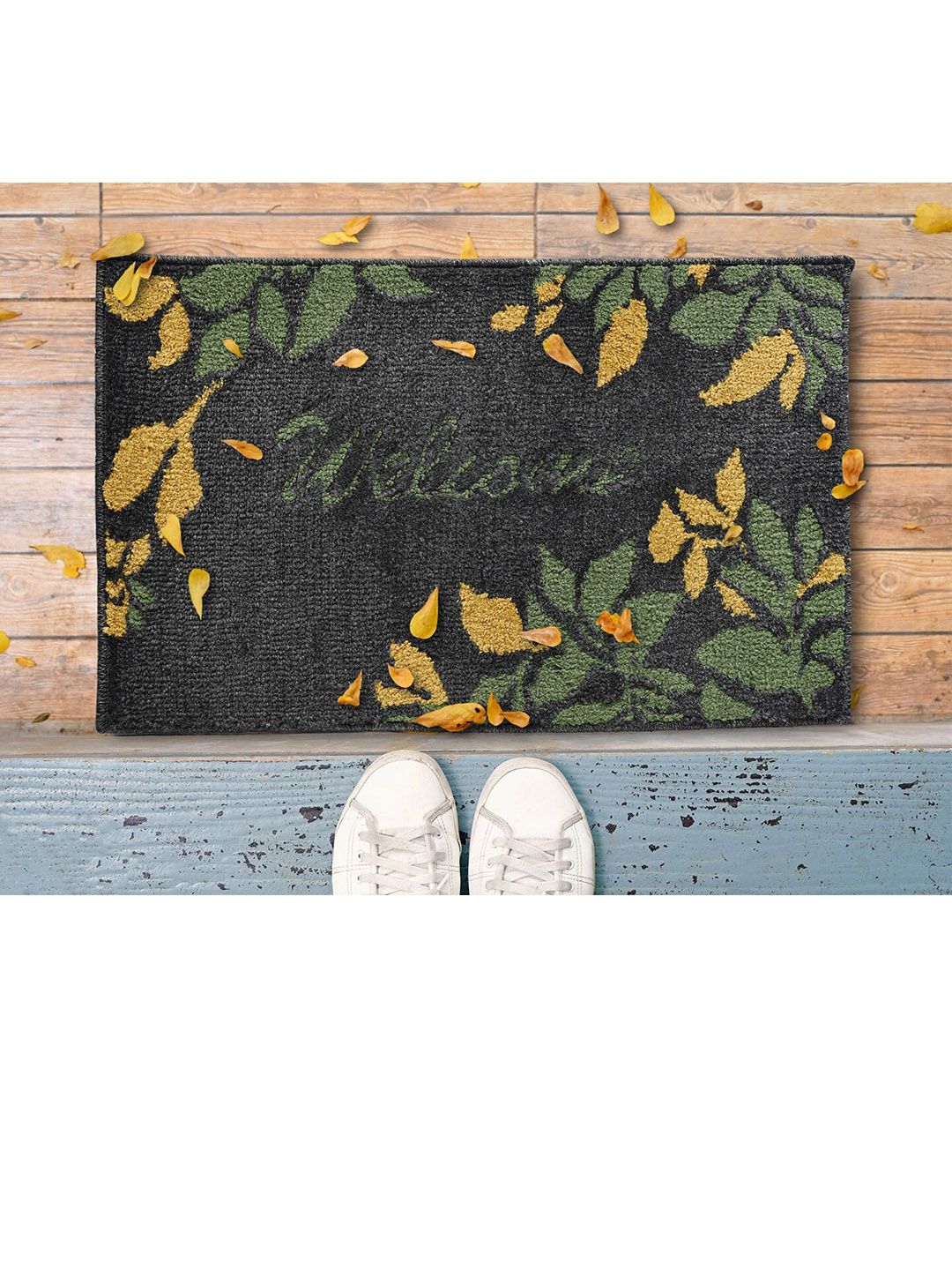 Saral Home Black & Green Printed Rectangular Anti-Skid Doormat