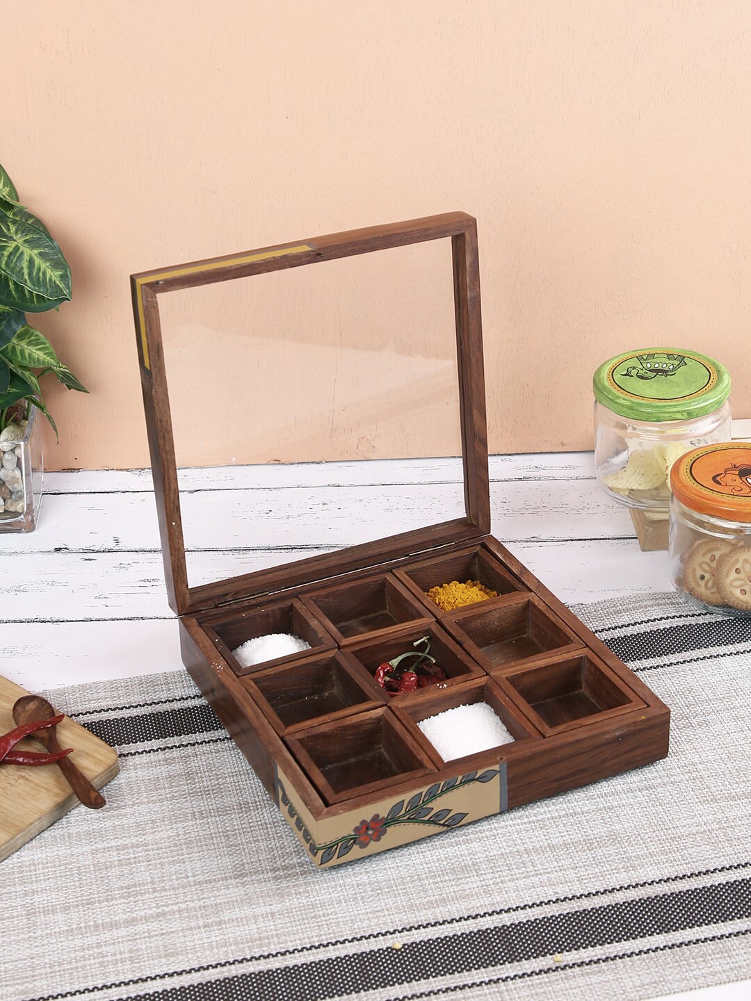Aapno Rajasthan Brown Handcrafted Multipurpose Wooden Box with Nine Sections Price in India