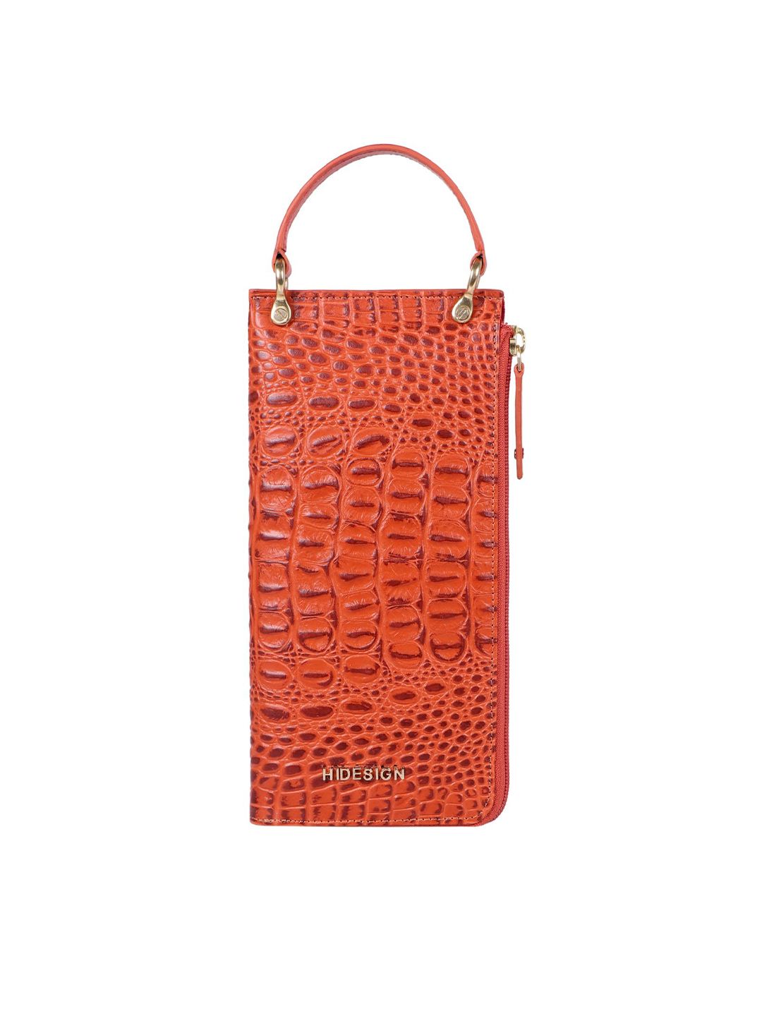 Hidesign Women Orange Crocodile Textured Leather Zip Around Wallet Price in India