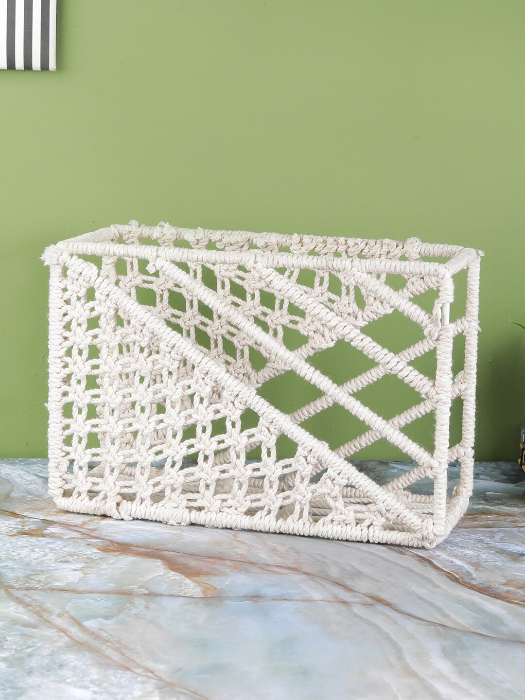 The Decor Mart White Self-Design Handcrafted Macrame with Metal Wire Frame File Oraganizer Price in India