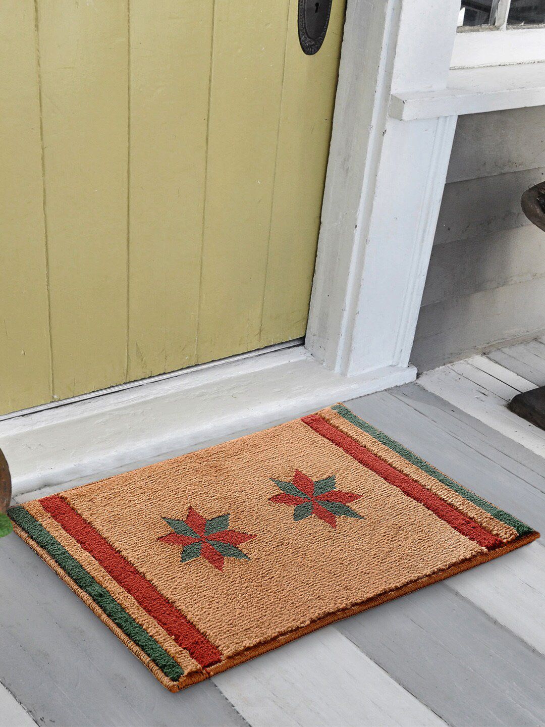 Saral Home Set Of 2 Beige & Red Printed Anti-Skid Cotton Doormats