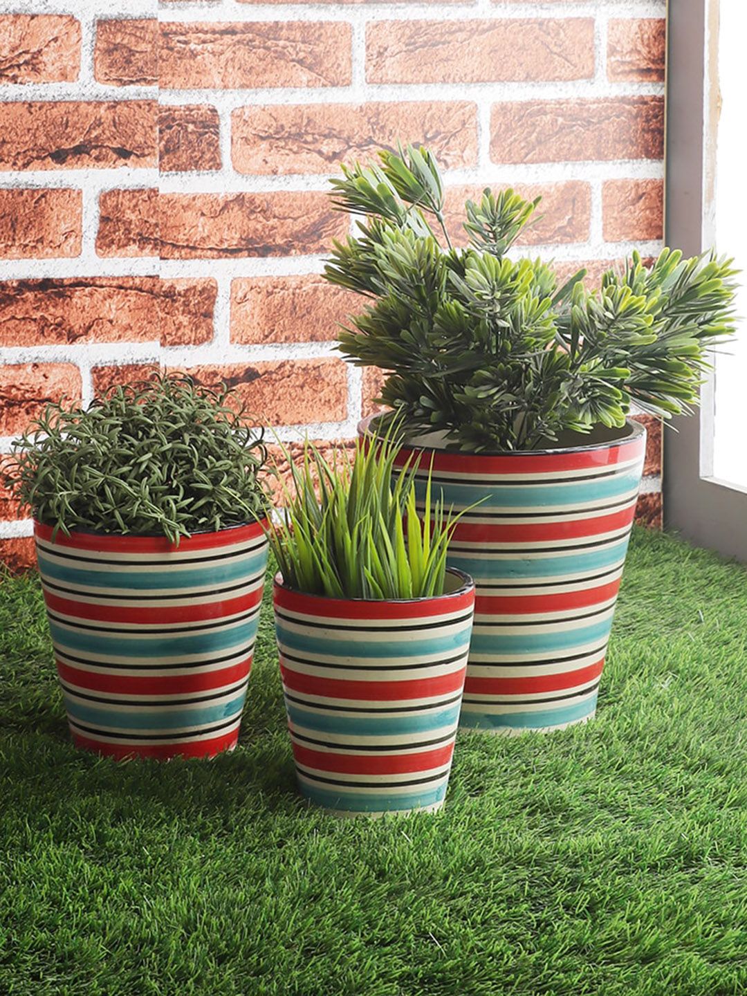 The Decor Mart Set Of 3 Blue & Red Striped Bucket Shaped Ceremic Planters Price in India