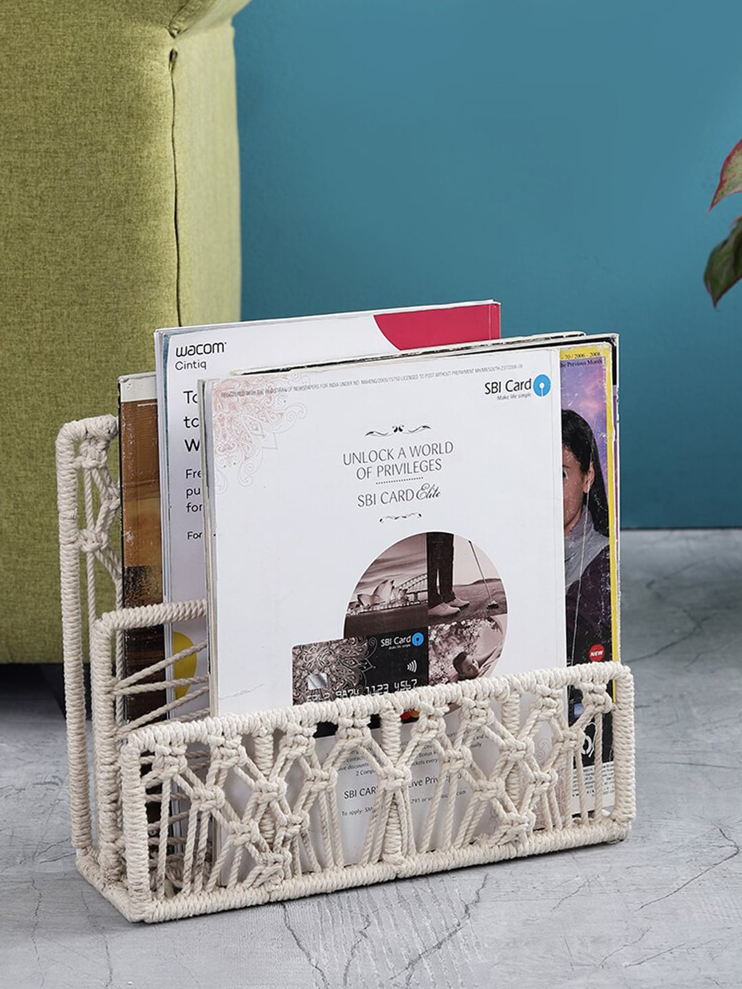 The Decor Mart White Self Design Handcrafted Knotted Macrame Frame Magazine Holder Price in India