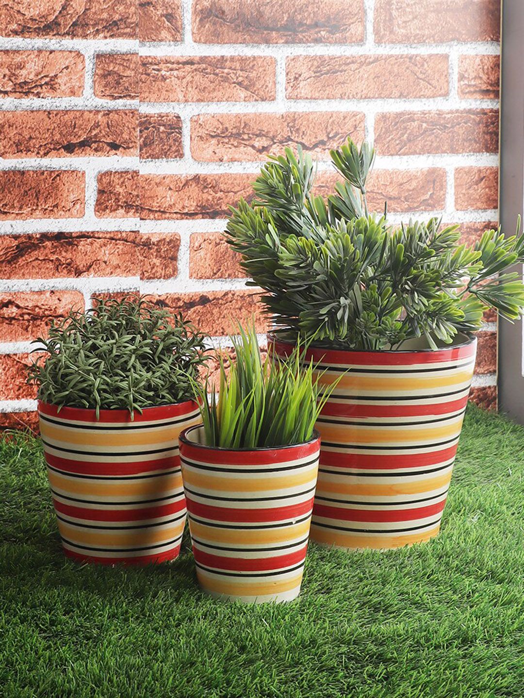 The Decor Mart Set Of 3 White & Red Striped Ceramic Bucket Planters Price in India