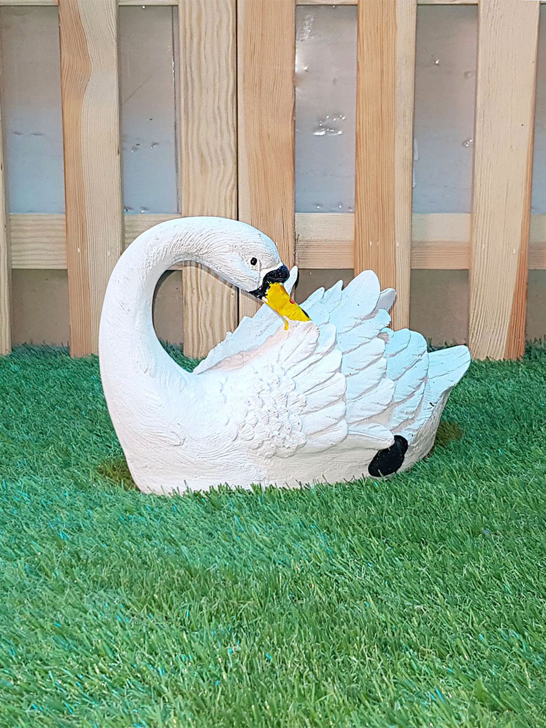 Wonderland White & Yellow Swan Statue Facing Back Figurine Garden Accessory Price in India